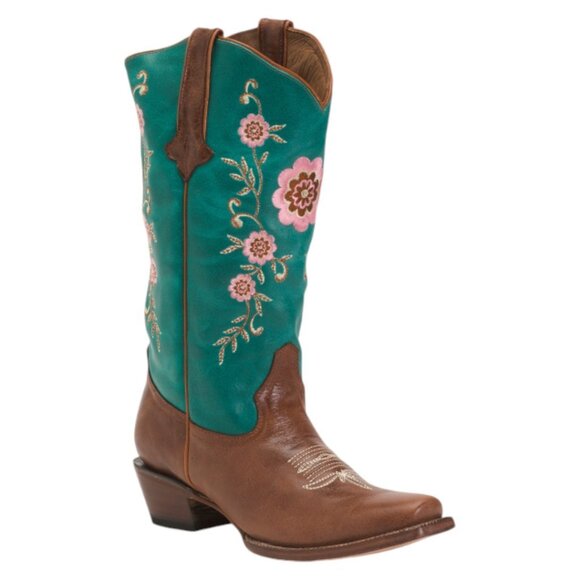 Tanner Mark Shoes - TANNER MARK Made In Mexico Leather Floral Blunt Toe Western Boots